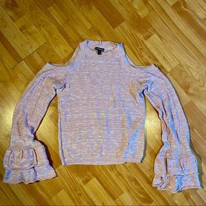 Pink knit sweater. Open shoulder w/ ruffle sleeves